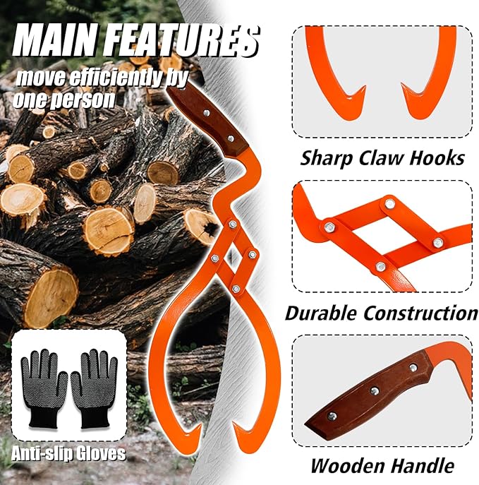 Log Tongs Grabber 12", 440LBS 2 Claw Logging Skidding Tongs Grapple Lifting, with Handle Non-Slip Grip Hook, Dragging Carrying Logging Tool Equipment
