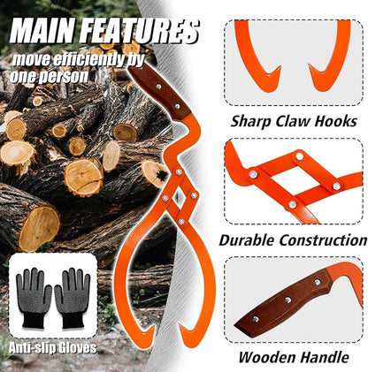 Log Tongs Grabber 12", 440LBS 2 Claw Logging Skidding Tongs Grapple Lifting, with Handle Non-Slip Grip Hook, Dragging Carrying Logging Tool Equipment