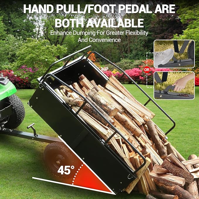 Heavy Duty Tow Behind Dump Cart - 900 Lb Capacity 15 Cu.Ft Steel Utility Trailer, Removable Sides, Foot-Operated Dump for ATVs, UTVs, Lawn Mowers, Garden Yard