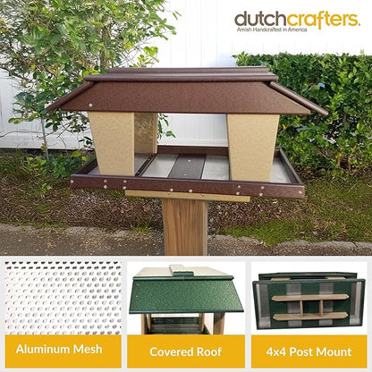 DutchCrafters Poly Post Mount Extra Large Double Hopper Bird Feeder, Outdoor Wild Bird Feeder for Outside, USA Amish Made (Brown & Weatherwood)