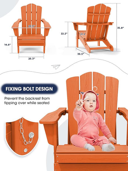 KINGYES Folding Adirondack Chair, HDPE All-Weather Patio Chairs, Wooden Textured Lawn Chair for Poolside, Backyard, Deck, Fire Pit, Orange