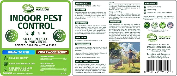 Mosquito Magician Indoor Pest Spray – Design for Indoor Use to Neutralize Spiders, Roaches, Ants & Flies with Plant-Sourced Essential Oils, Efficient Ready to Use Home Pest Spray – Cedarwood, 32 OZ