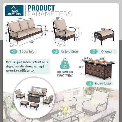 MFSTUDIO Outdoor Patio Furniture Set with 56" Fire Pit Table, 6 PCS Metal Patio Conversation Sets for 7, Patio Sectional Set with 3-Seat Sofa, 2 Ottoman, 2 Fixed Sofa Chairs, 1 Fire Pit Table