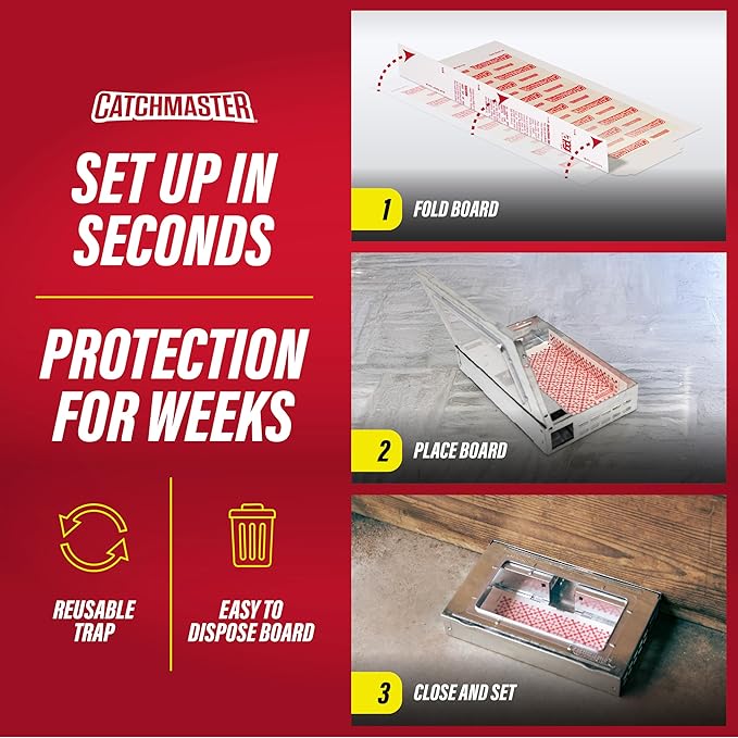 Catchmaster Multi-Catch Mouse Trap, Humane Mouse Trap Indoor for Home, Includes 1 Replaceable Glue Board, Live Catch Pest Control for Garage & Shed (White)