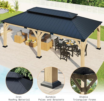 AMERLIFE 12x20 ft Hardtop Gazebo, Spruce Wood Gazebo with Iron Double Roof, Outdoor Pergola with Wood Frame for Garden, Porch, Patio, Charcoal Gray + Brown Gray