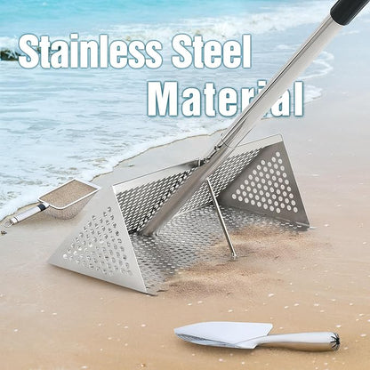 Sand Flea Rake, Stainless Steel Sand Sifter, Shark Tooth Sifter with A 16-Inch Wide Drain Screen for Finding Fleas,Shells and Shark Teeth