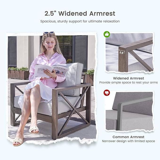 UDPATIO 4 Piece Faux Wood Aluminum Patio Furniture Set Modern Outdoor Furniture Patio Conversation Sets with Coffee Table for Balcony, Backyard, 600D Waterproof Cover Included, Light Grey
