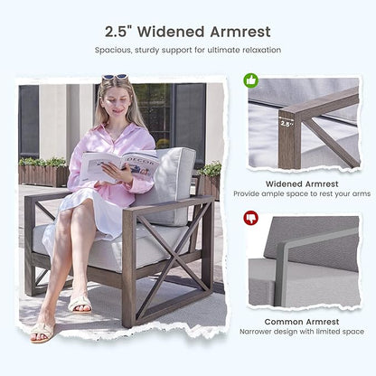 UDPATIO 5 Piece Aluminum Patio Furniture Set with Fire Pit Table, Faux Wood Patio Conversation Set with 6" Olefin Cushions, Aluminum Outdoor Furniture, 600D Waterproof Cover Included, Light Grey