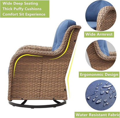 Outdoor Patio Swivel Rocker Chairs - Wicker Rattan Patio Swivel Rocking Chairs Set of 2 with High Back,Deep Seating and Comfort Cushions for Deck Porch Garden,Yellow/Blue