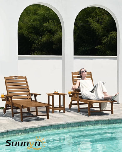 Lounge Chair Outdoor Set of 2, HDPE Chaise Lounge Outdoor with 6-Position & Wheels &Cup Holder, Pool Lounge Chair for Pool Poolside Deck Backyard Patio, Teak