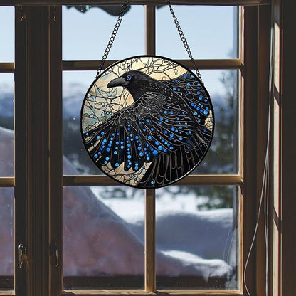 Stained Glass Window Hanging - Black Crow Big Wings Suncatcher for Doors Garden Patio Bird Sun Catchers Decor Christmas Mother's Day Birthday Gifts for Women Men Mom Nana Friend 6.3 in
