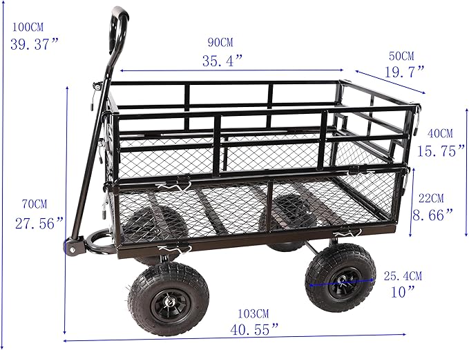Heavy Duty Garden Wagon with Foldable Sides, Pneumatic Tires, Adjustable Handle (Black Double Layer)