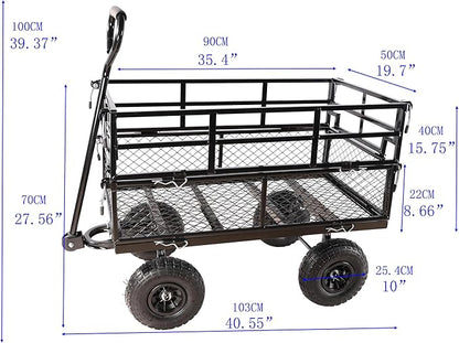 Heavy Duty Garden Wagon with Foldable Sides, Pneumatic Tires, Adjustable Handle (Black Double Layer)
