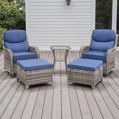 Rilyson Wicker Outdoor Patio Furniture Set - 5 Piece Patio Conversation Sets with Swivel Rocker Chairs, Ottomans and Side Table, 6 inch Cushions, Waterproof Wicker, for Porch Deck Mixed Grey/Blue