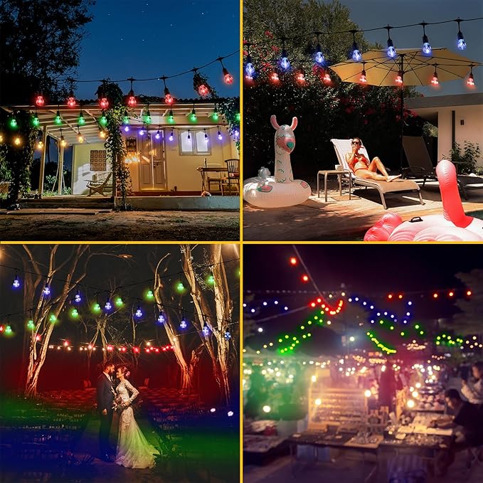 Auroraworld 35FT Solar RGB Outdoor String Lights, Dimmable Waterproof LED Patio Lights with Remote, 11 Shatterproof Edison Bulbs for Cafe Garden Party Decor
