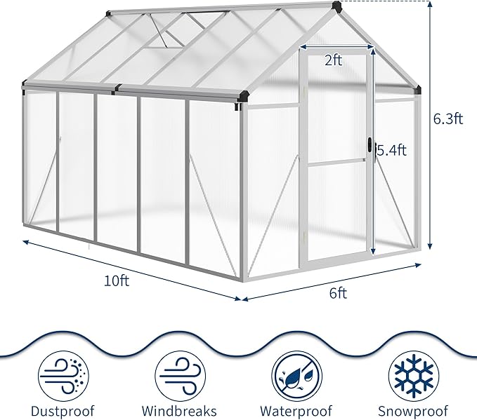 6x10 FT Greenhouse for Outdoors, Polycarbonate Flower Greenhouse with Roof Vent, Push-Pull Lockable Door, Aluminum Walk-in Greenhouses for Outside Garden Backyard, Patio, Lawn, Silver