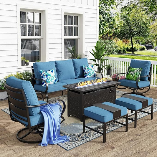 MFSTUDIO 6 Pieces Patio Furniture Sets with 45" Gas Fire Pit Table(Up to 7 Seat),Outdoor Metal Frame Patio Conversation Sofas with 1 x 3-Seat Sofa, 2 Swivel Chairs and 2 Ottoman, Navy Cushion