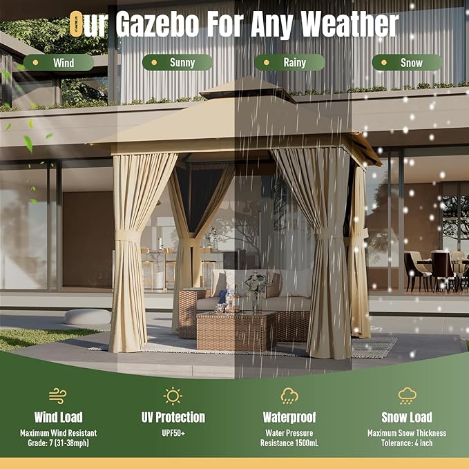AOXUN Outdoor Gazebo for Patio 8x8, Metal Frame Canopy with Double Roofs, Heavy Duty Party Tent and Shelter with Mosquito Netting and Privacy Screen for Backyard, Lawn, Garden, Deck
