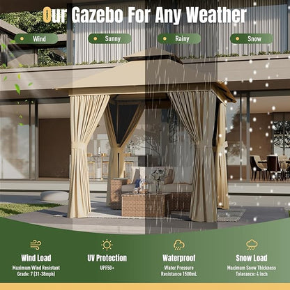 AOXUN Outdoor Gazebo for Patio 8x8, Metal Frame Canopy with Double Roofs, Heavy Duty Party Tent and Shelter with Mosquito Netting and Privacy Screen for Backyard, Lawn, Garden, Deck