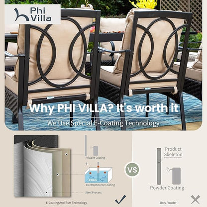 PHI VILLA Outdoor Dining Set for 6, Outdoor Table and Chairs Set for 6, 4 Extra Large Dining Chairs & 2 Swivel Chairs, Rectangular Metal Slat Dining Table for Deck, Backyard and Garden