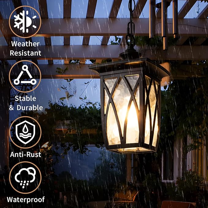 JYZ 2 Pack Outdoor Pendant Light Fixture, 12'' Exterior Hanging Lantern, Modern Black Metal Outside Chandelier Light Fixture Ceiling Mount with Water Ripple Glass & Adjustable Chain for Porch, Gazebo