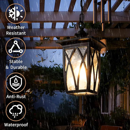12'' Outdoor Pendant Light Fixture, Exterior Hanging Lantern, Modern Black Metal Outside Chandelier Light Fixture Ceiling Mount with Water Ripple Glass & Adjustable Chain for Porch, Gazebo, Front Door