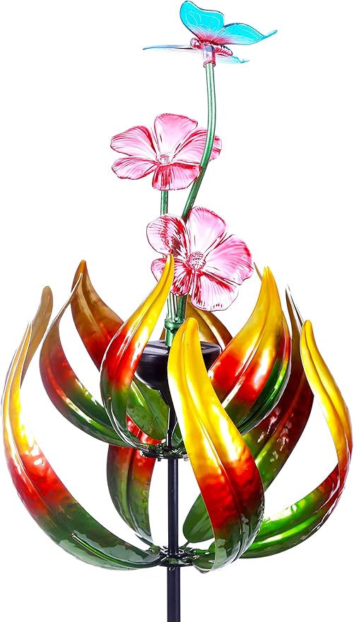 Solar Butterfly Tulips 69 Inch Wind Catcher for Yard Kinetic Wind Spinner with Garden Stake, 360 Swivel Butterfly Tulips Outdoor Wind Sculpture Spinners Metal Windmill-Kinetic Garden Decoration