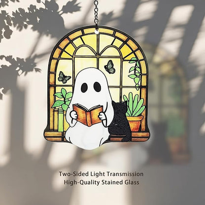 Ghost Black Cat Suncatcher, Ghost Reading Book Halloween Decor