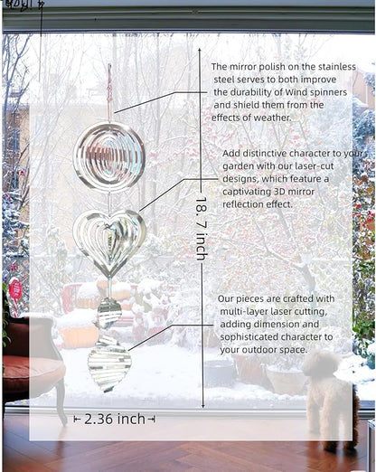 3D Wind Sculptures & Spinners Flowing-Light Effect Wind Spinners Outdoor Garden Decor Metal Square Wind Spinners Gifts for Mom, Women Wind Spinner (Round+Heart+Whirlwind)