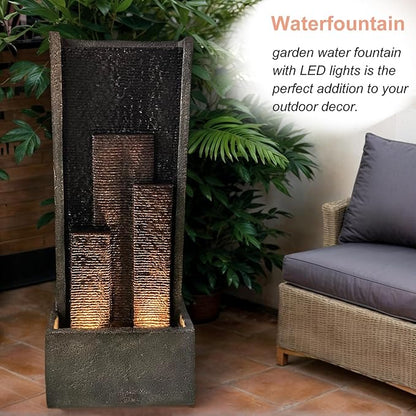 39.37" H Modern Water Fountain with Lights & Pump, Indoor/Outdoor Cascading Resin Waterfall Standing Fountain for Garden, Patio, Yard, Christmas Decor