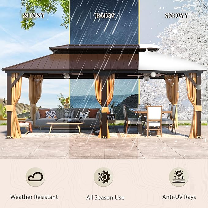 YOLENY 12' X 20' Hardtop Gazebo, Galvanized Steel Ventilation Double Roof Aluminum Frame, Curtains and Netting Included, Outdoor Gazebo for Garden, Patio, Lawns, Parties