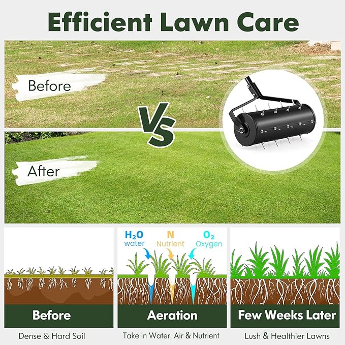 S AFSTAR 18" Manual Lawn Aerator, Heavy Duty Rolling Aerator Lawn Tool Filled Sand Stone with 51" Detachable Handle & Tine Spikes for Soil Loosening, Push Grass Aeration for Garden Yard, Black
