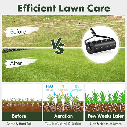 S AFSTAR 18" Manual Lawn Aerator, Heavy Duty Rolling Aerator Lawn Tool Filled Sand Stone with 51" Detachable Handle & Tine Spikes for Soil Loosening, Push Grass Aeration for Garden Yard, Black