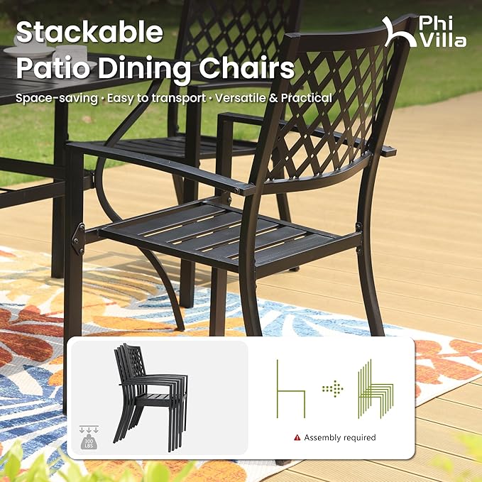 PHI VILLA 7 Pieces Outdoor Round Dining Set for 6, Wrought Iron Dining Table with Umbrella Hole & Stackable Metal Steel Chairs, Modern Dining Furniture Set for Patio, Deck, Backard, Porch