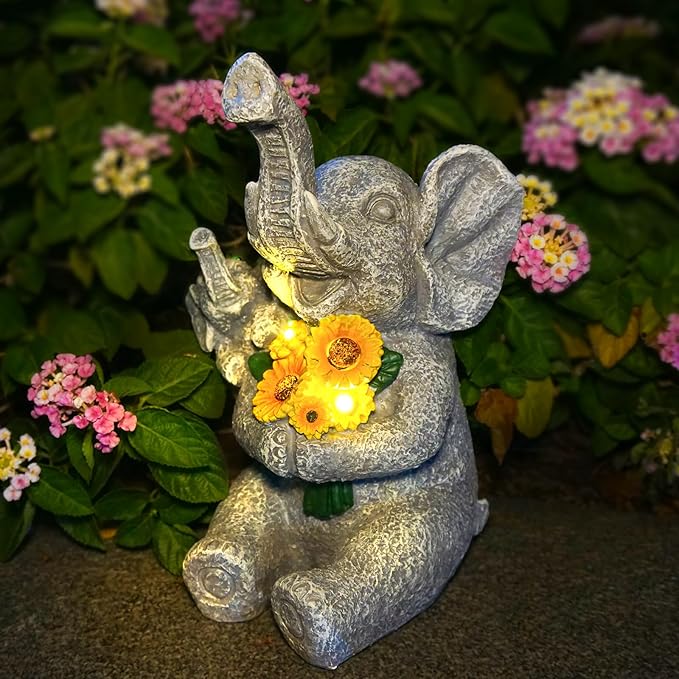 Elephant Gifts for Women, Solor Garden Statue, Elephant and Sunflower Figurine with Lights, Outdoor Decorations for Yard Backyard Patio Porch, Gifts for Mom Daughter Grandma Friend Gardener