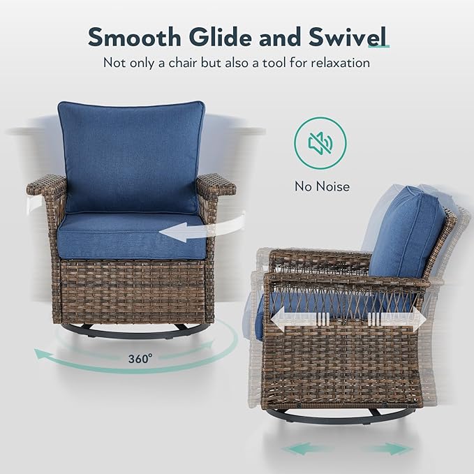 5 Pieces Wicker Patio Furniture Set - Hollow Widen Armrests Outdoor Swivel Glider Chairs and 3 Seat Sofa with Coffee Table & Side Table for Balcony Porch Deck and Yard - Brown/Blue