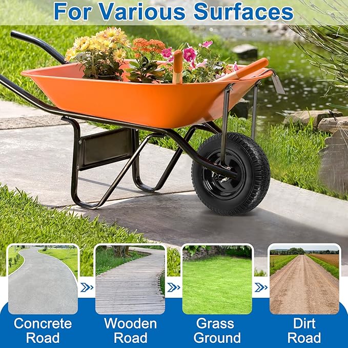 4.80/4.00-8" Flat Free Wheelbarrow Tires and Wheels, 14.5" Universal Fit Solid Tires with 5/8" or 3/4" Bearing, 3"-7" Hub, Adapter Kit Hand Truck Wheels Replacement for 3.50/2.50-8", 4.00-6"etc, 2 PCS