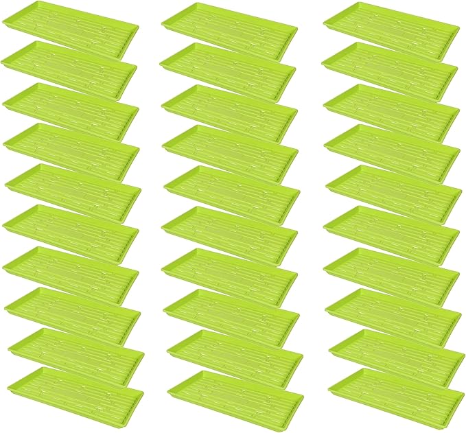 SUNPACK 10" x 20" Heavy Duty Shallow Plastic Seed Starting Tray, Lime Green, 1" (Pack of 30) - Lined with Drainage Holes for Excess Water and Aeration, Ideal for Greenhouses or Indoor Gardening