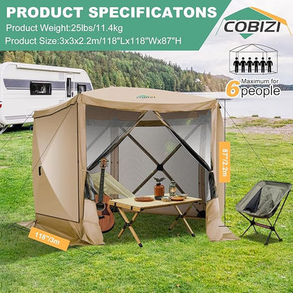 COBIZI 10x10 Pop up Gazebo Screen House Tent for Camping, Pop-up Camping Canopy with Sidewalls, Portable Outdoor Quick-Set Hub Tent with Carrying Bag&Ground Stakes, Khaki(Upgraded 2.0)