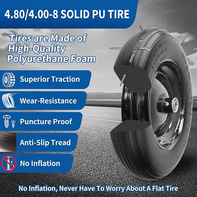RRQ 4.80/4.00-8 Tire Flat Free, 14.5" Solid Wheelbarrow Tire with 3" Centered Hub and 3/4" Bearings(Comes with 5/8" ID Iron Tube Adapter), Universal Fit 4.80-8, 4.00-6, 3.50/2.50-8 Wheelbarrow Wheels