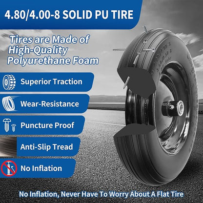 RRQ 4.80/4.00-8 Tire Flat Free, 14.5" Solid Wheelbarrow Tire with 3" Centered Hub and 3/4" Bearings(Comes with 5/8" ID Iron Tube Adapter), Universal Fit 4.80-8, 4.00-6, 3.50/2.50-8 Wheelbarrow Wheels