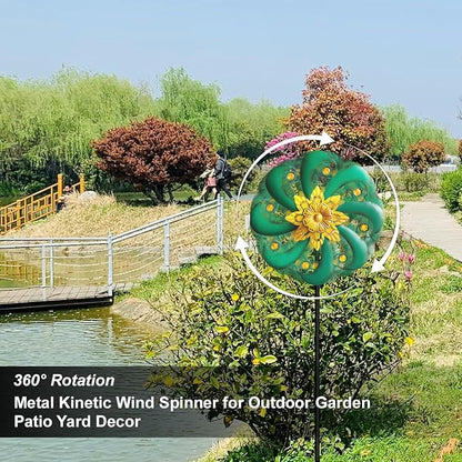 Flower Outdoor Metal Wind Spinner, Single-Layer Kinetic Garden Art with Vibrant Green Finish - Weatherproof Wind Sculpture for Lawn, Patio, Yard Decor - 10''W x 36''H