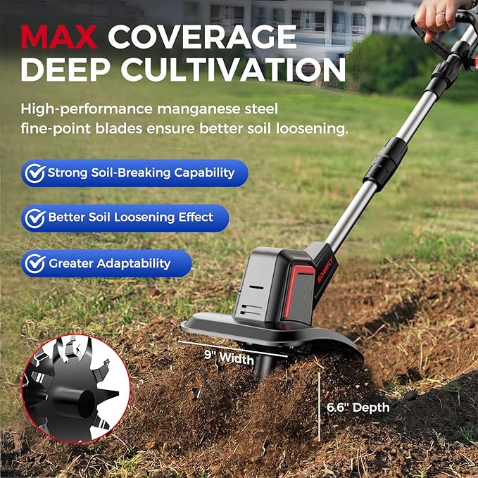 Cordless Electric Tiller for Gardening, Total 8.0Ah Battery Powered Mini Cultivator with 2×4.0AH Batteries & Charger, 9" Width, 6.6" Depth, 48 Steel Tines Rototiller for Soil Cultivation