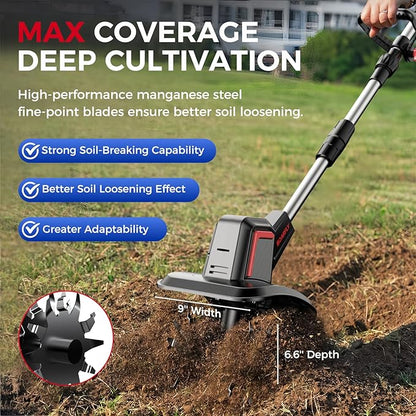 Cordless Electric Tiller for Gardening, Total 8.0Ah Battery Powered Mini Cultivator with 2×4.0AH Batteries & Charger, 9" Width, 6.6" Depth, 48 Steel Tines Rototiller for Soil Cultivation