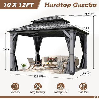10x12FT Wood Gazebo,Outdoor Wooden Hardtop Gazebo with Galvanized Steel Doule Roof,Cedar Wood Frame Gazebos with Netting &Curtainfor Patio Backyard Deck