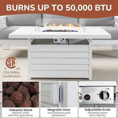 Solaste Aluminum Patio Furniture Set with Fire Pit Table, 5 Piece Metal Outdoor Furniture with Water-Resistant Cushions, Modern Patio Conversation Set for Balcony, Front Porch, and Backyard