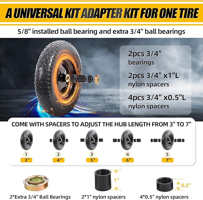 MZREXN 14.5" Wheelbarrow Tire Flat-Free 3.00/3.25/3.50/4.00-8" Solid Tire and Wheel with 3"-7" Centered Hub, 3/4" & 5/8" Bearings Replacement for Hand Truck/Dolly/Utility Cart/Garden Cart 2PCS Black