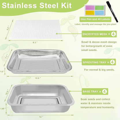Stainless Steel Sprouts Growing Kit 4-Tier 14 inch Trays, Microgreens Growing Kit, Seed Sprouting Tray with Encrypted Mesh Sprouts for Beans Alfalfa Broccoli Wheat Grass