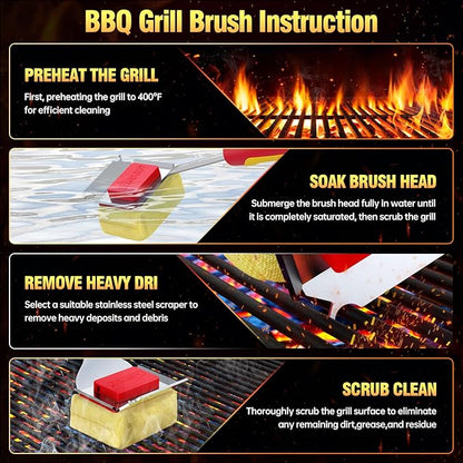 Grill Brush Bristle Free for Outdoor Grill, Steam Grill Cleaning Brush Replaceable BBQ Cleaner Brush Head,Extended Handle, Safe Grill Brush with Scraper for Cast Iron Stainless-Steel Grates,Red