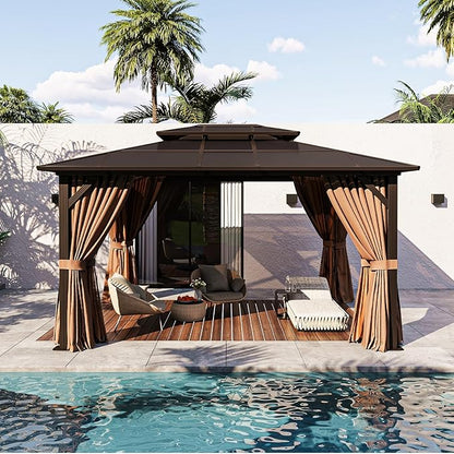 JolyDale14'x12' Hardtop Gazebo, Outdoor Polycarbonate Double Roof Pavilion with Aluminum Frame, Netting, and Curtains, Ideal for Patios, Gardens, and Backyards